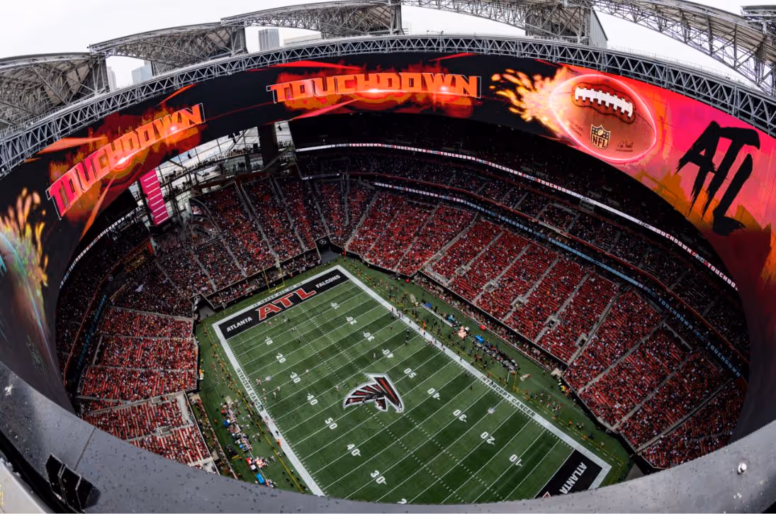 A general view of Mercedes-Benz Stadium filled with Atlanta Falcons fans on game day