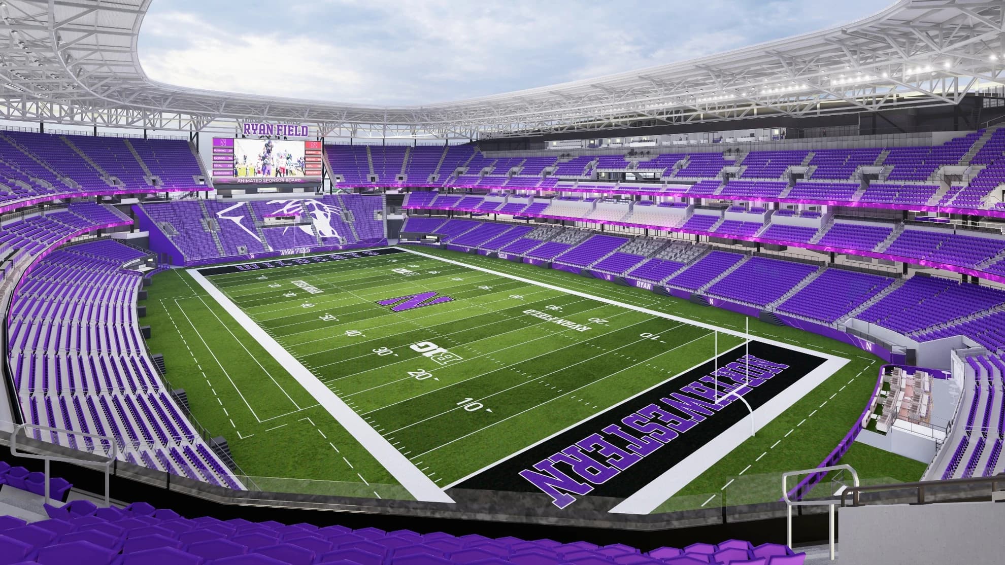 A rendering of the rebuilt Ryan Field — Northwestern's new canopy-roofed stadium in all purple, opening for the 2026 season