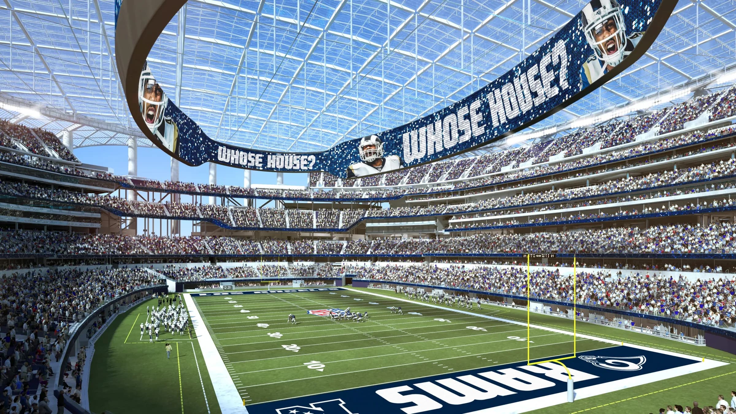 General view of SoFi Stadium filled with fans on game day, the translucent ETFE canopy overhead and the Infinity Screen visible above the field