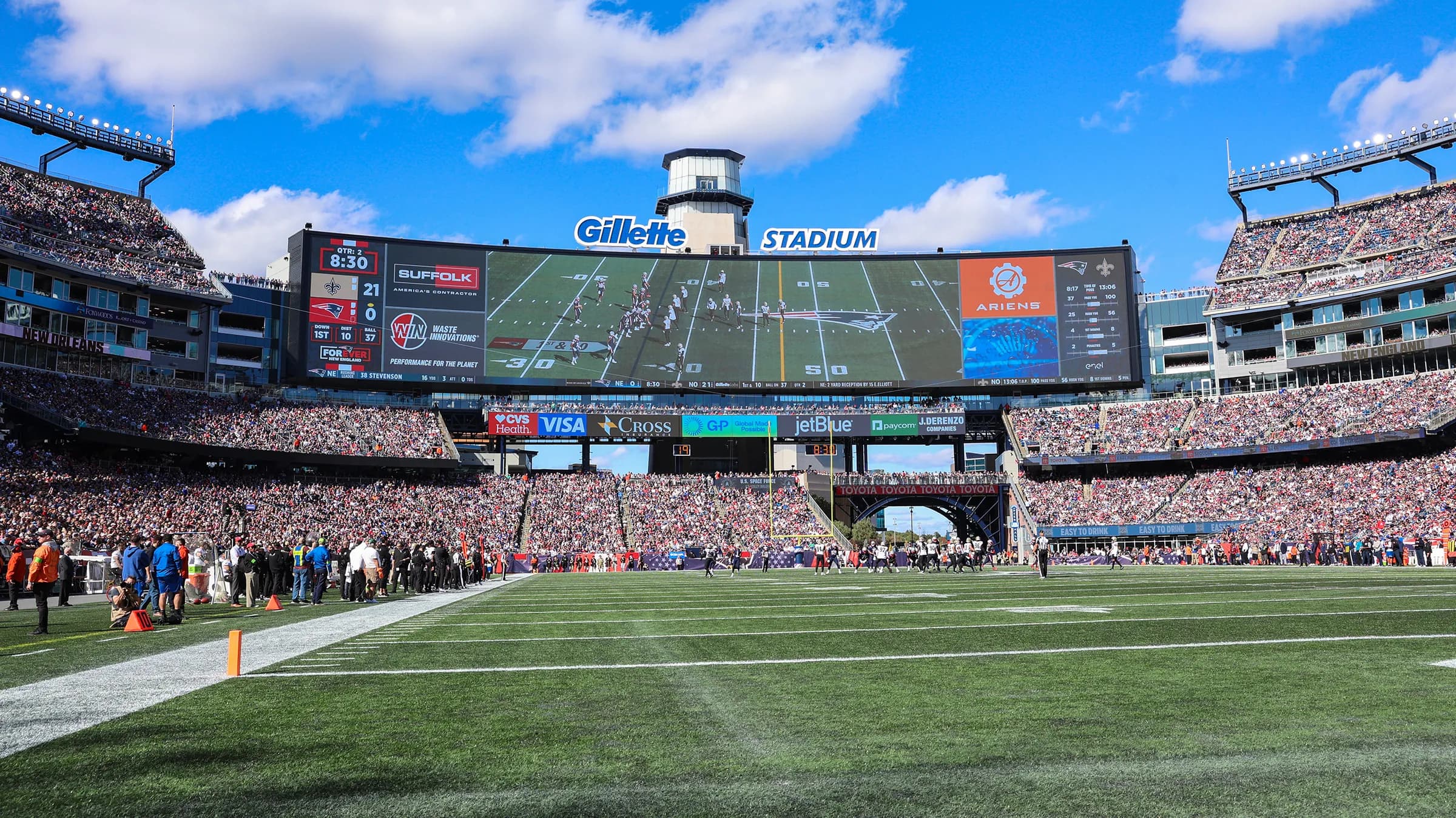 A general view of Gillette Stadium packed with New England Patriots fans on game day, the lighthouse structure rising over the north end zone