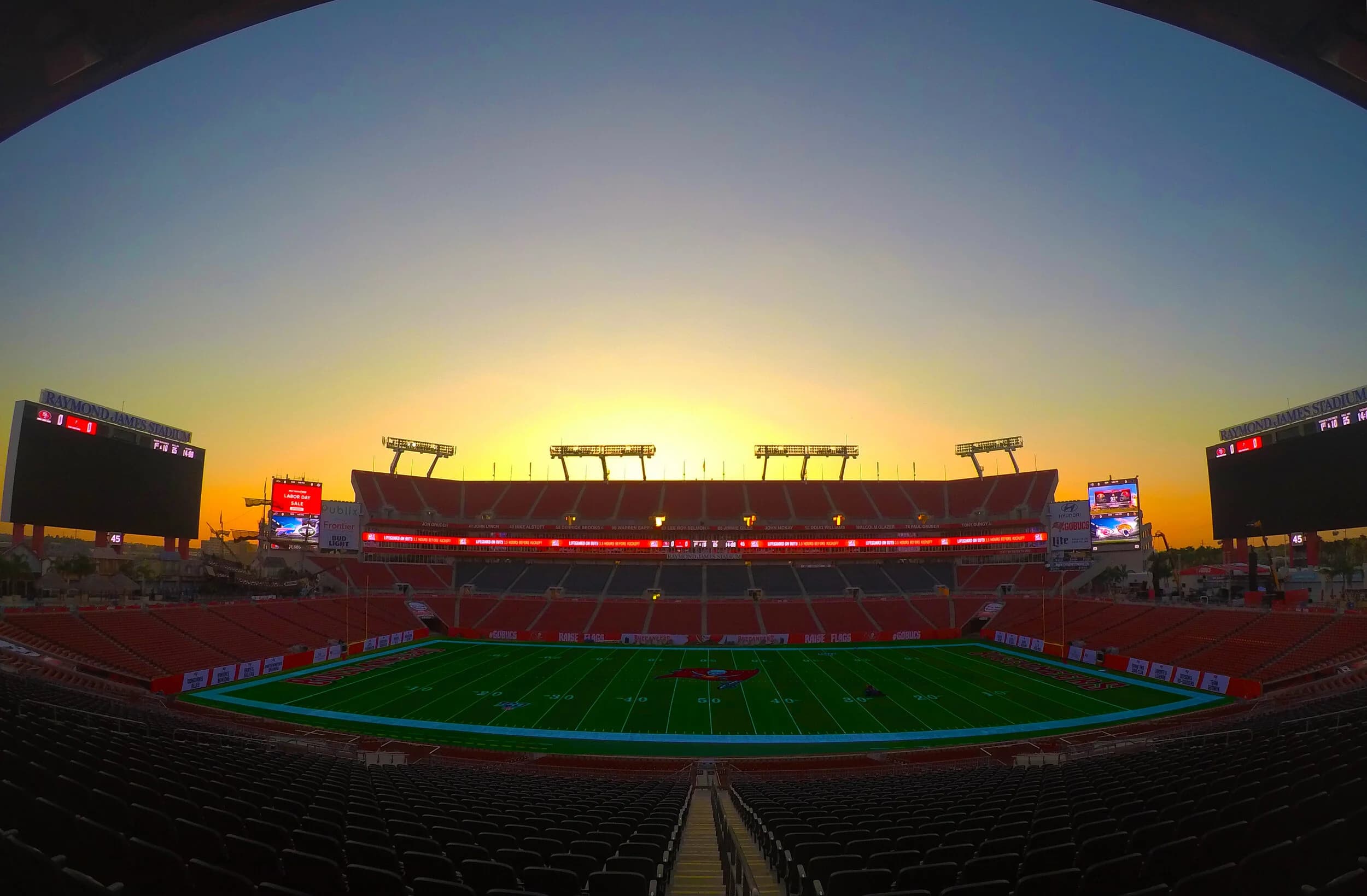 A general view of Raymond James Stadium filled with Tampa Bay Buccaneers fans in red and pewter on game day