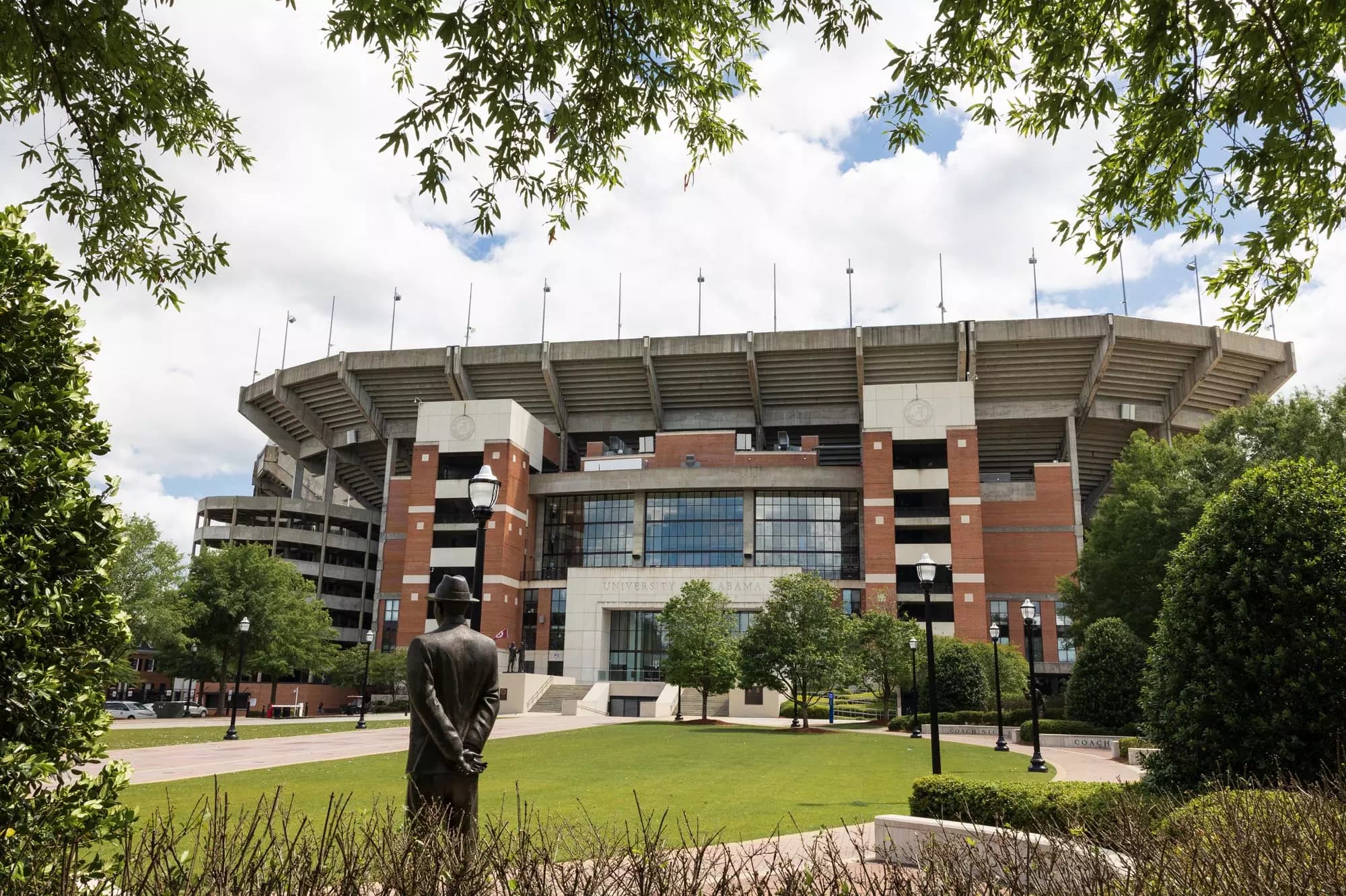 Bryant-Denny Stadium and the Bear Bryant statue at the University of Alabama