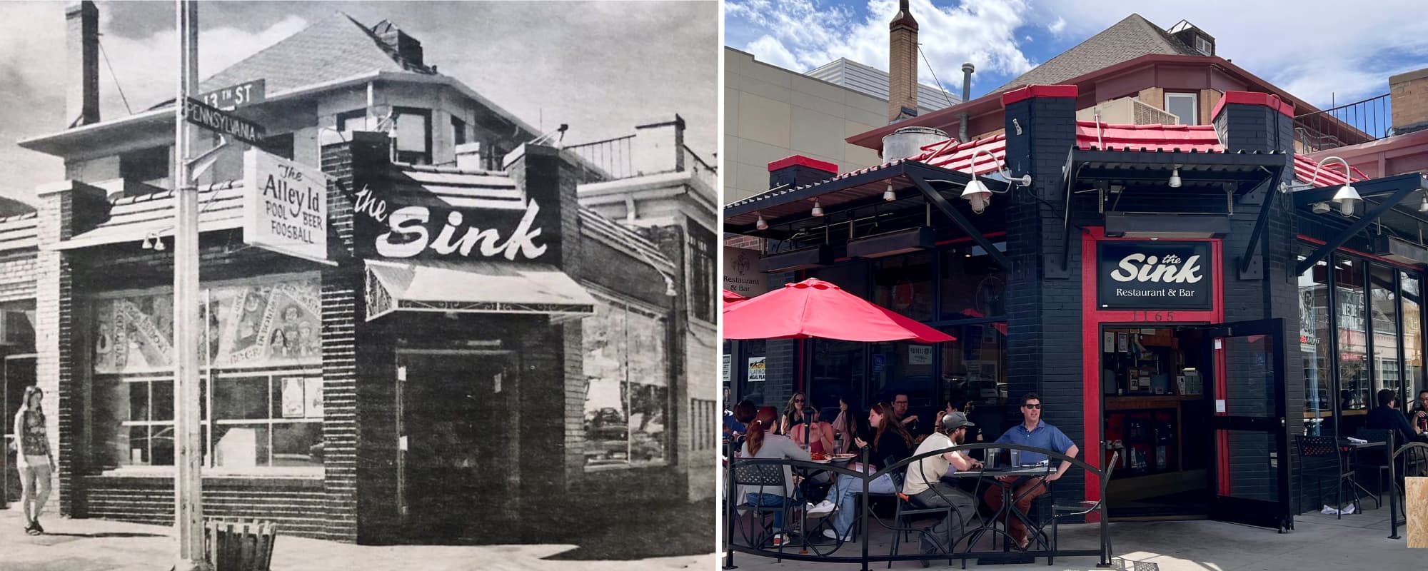Then-and-now split of The Sink's University Hill storefront — a black-and-white historical photo beside today's red-and-black facade with a busy patio