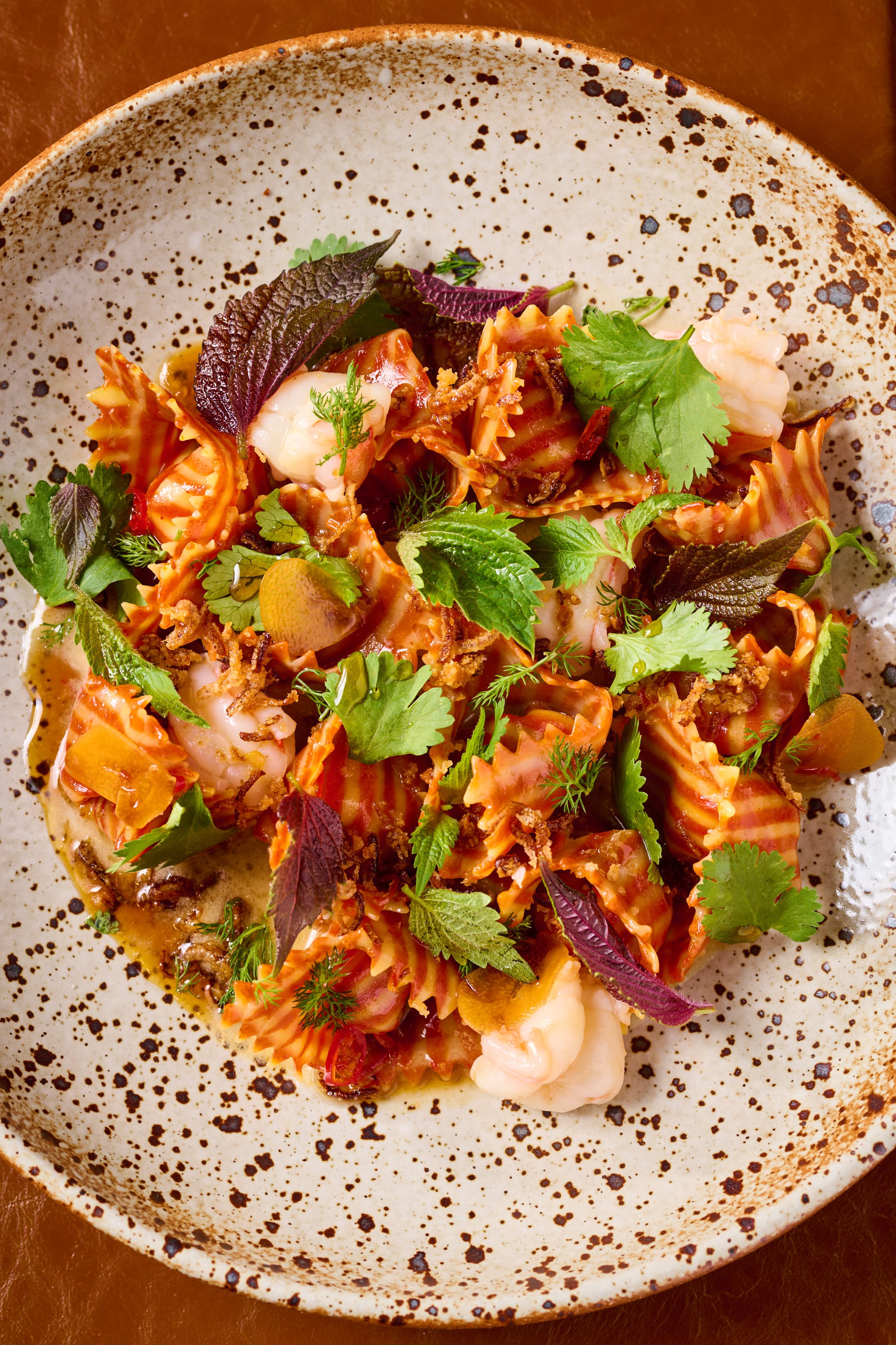 An overhead shot of striped pasta with shrimp and herbs in a spiced red sauce on a speckled ceramic plate at Wildweed