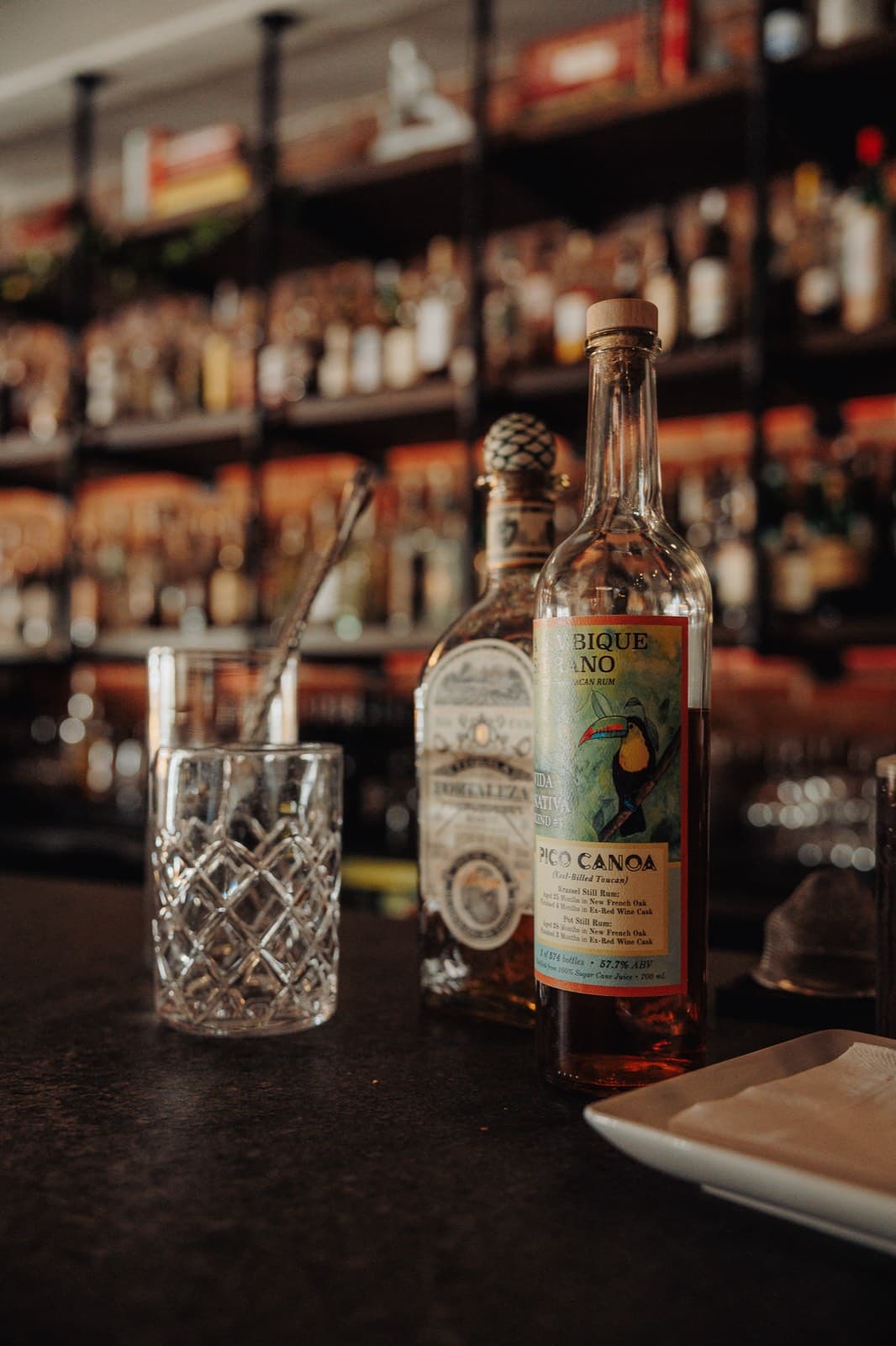 Bottles of rum and bitters on Terra's bar with a full shelf of spirits behind