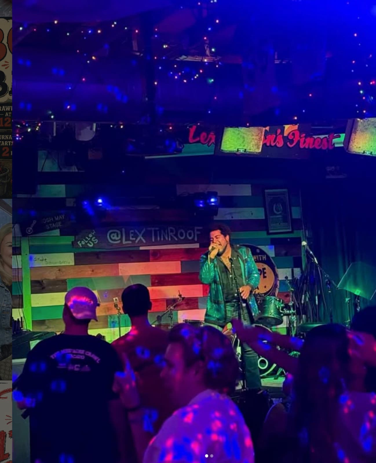 A singer performing under colored stage lights at Tin Roof, a crowd gathered below the 'Lexington's Finest' sign
