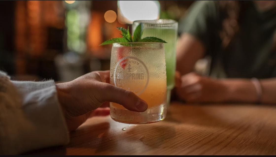 A hand holding a Big Spring Spirits branded cocktail glass with a mint garnish at the bar